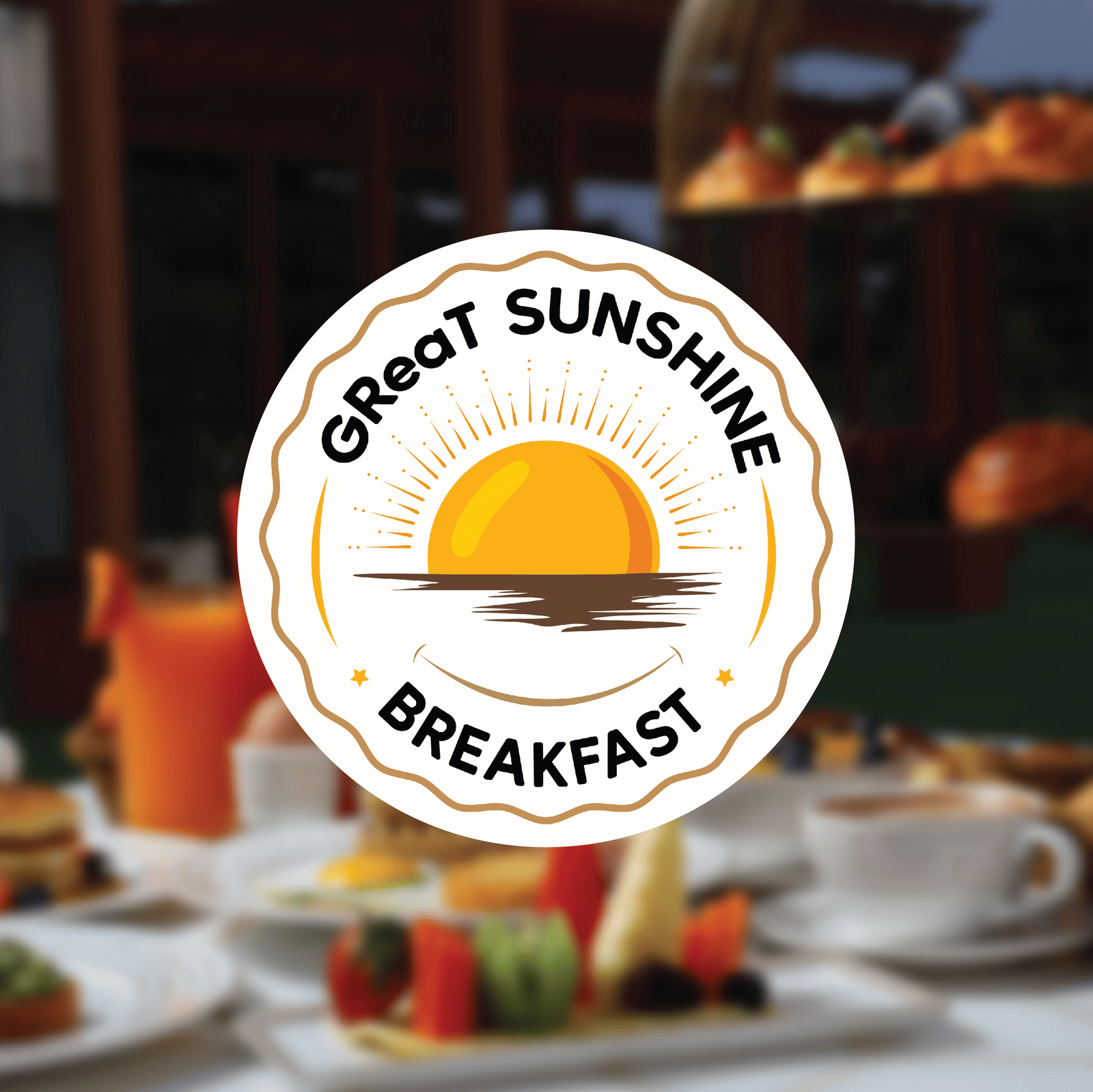 Logo of GReaT Sunshine Breakfast with a background of food placed on a table